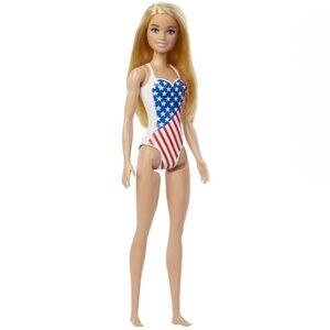 Barbie Doll with Beach Theme in American Flag Stars and Stripes Swimsuit, Blonde